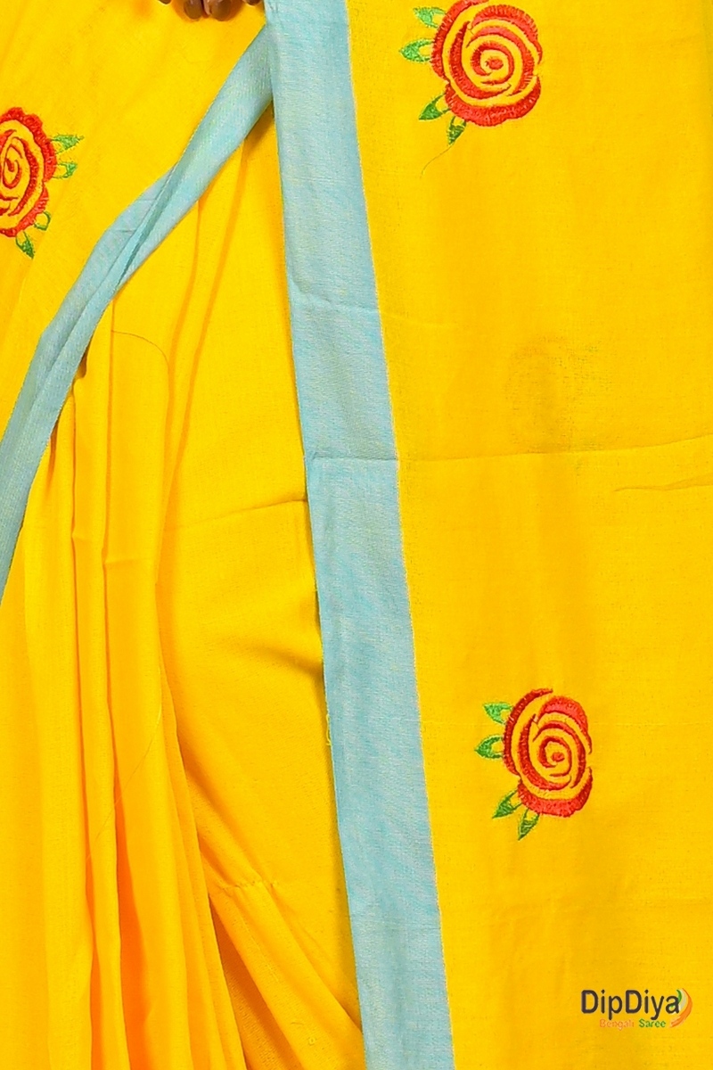Yellow Pure Cotton Parag Embroidery Handloom saree (214)